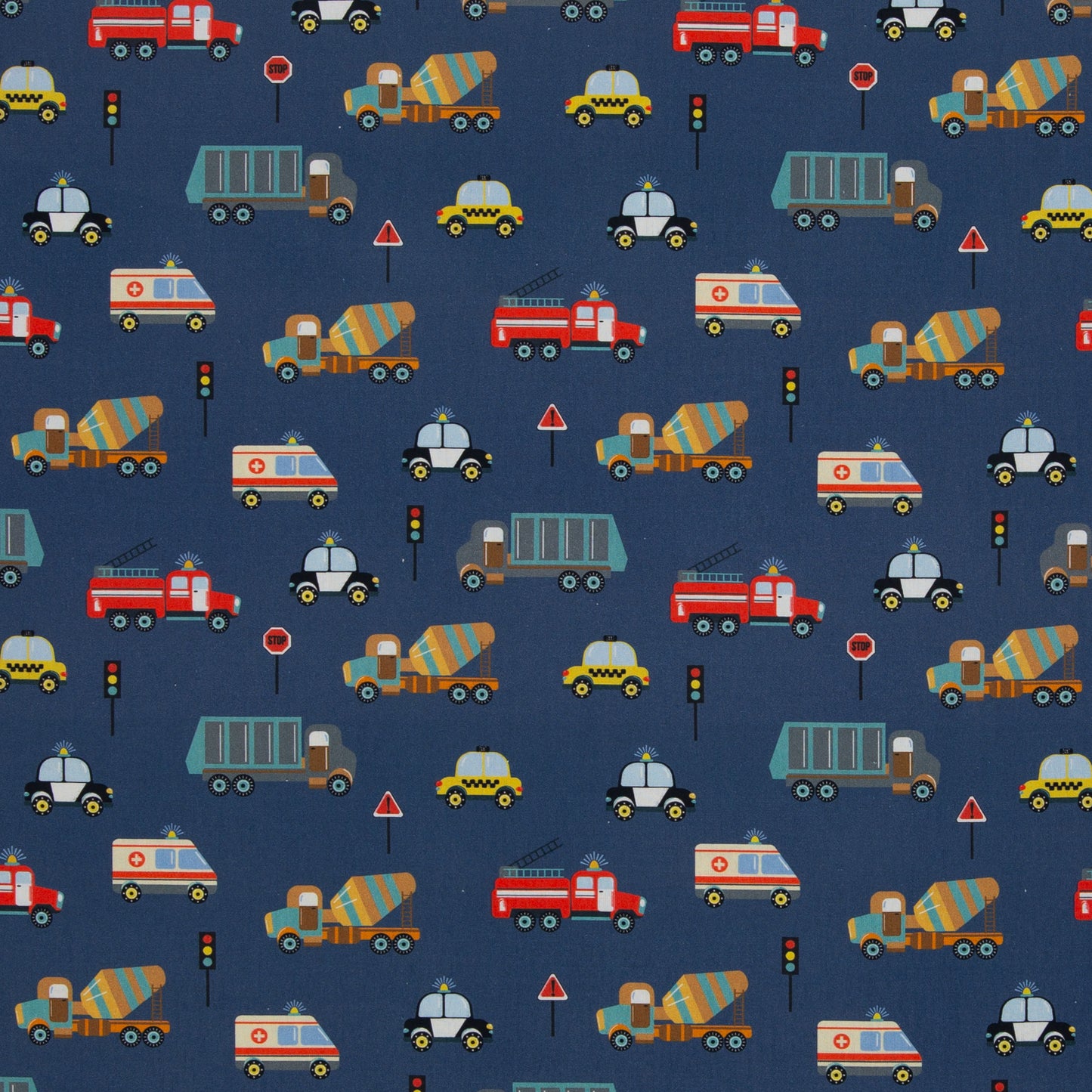 katoen werkvoertuigen op blauwe achtergrond