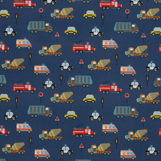 katoen werkvoertuigen op blauwe achtergrond