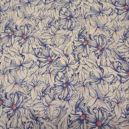 katoen bloemen in delfts blauw met lurex lijntje op witte achtergrond
